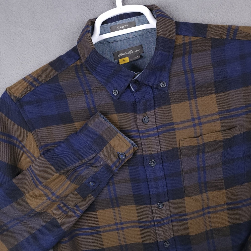 Eddie Bauer Mens Small Classic Fit Flannel Shirt Blue Brown Plaid Cashmere Blend
